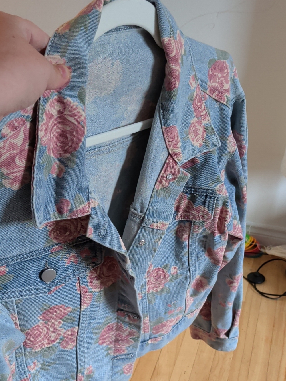 SHEIN Light Blue Denim Jacket with Pink Rose Print